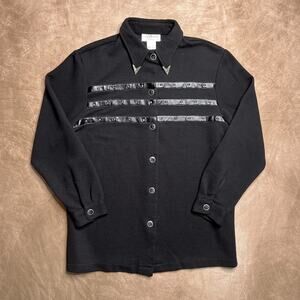 Vintage 90s Adolfo Cardigan Sweater Shirt Faux Leather Striped Black Silver Goth